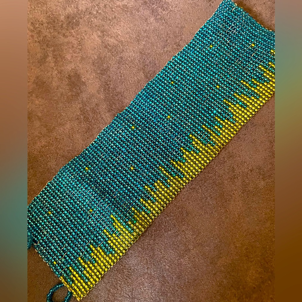 Turquoise and green beaded cuff